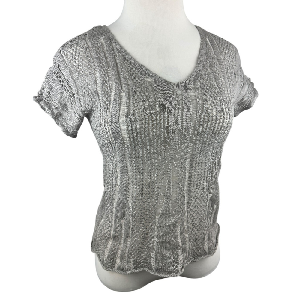 Eileen Fisher Open Knit V-Neck Short Sleeve Sweater Linen Metallic PP Petite Top - Picture 3 of 16